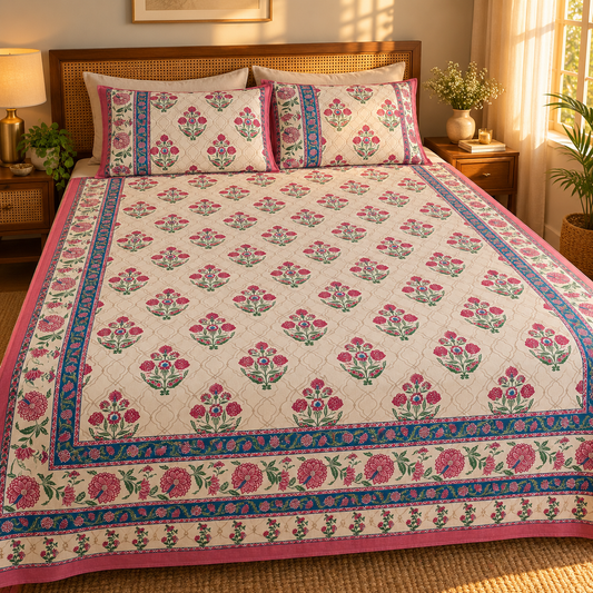 Magenta Floral Buti Rangrez Sanganeri Printed 100% Cotton King Bedsheet (108x108 in) with Two Pillow Covers