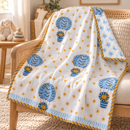 Hot Air Balloon Stars Reversible Hand Block Printed Mulmul Cotton Baby Dohar (40x60 in)