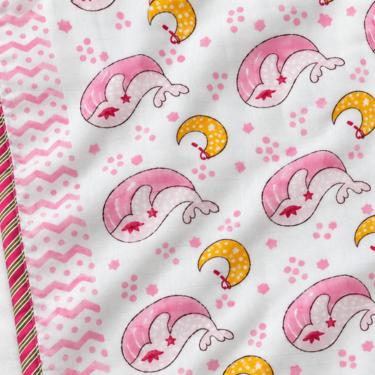 Pink Whale Moon Reversible Hand Block Printed Mulmul Cotton Baby Dohar (40x60 in)