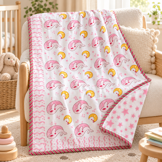 Pink Whale Moon Reversible Hand Block Printed Mulmul Cotton Baby Dohar (40x60 in)