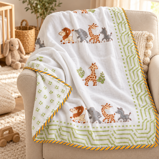 Jungle Parade Reversible Hand Block Printed Mulmul Cotton Baby Dohar (40x60 in)