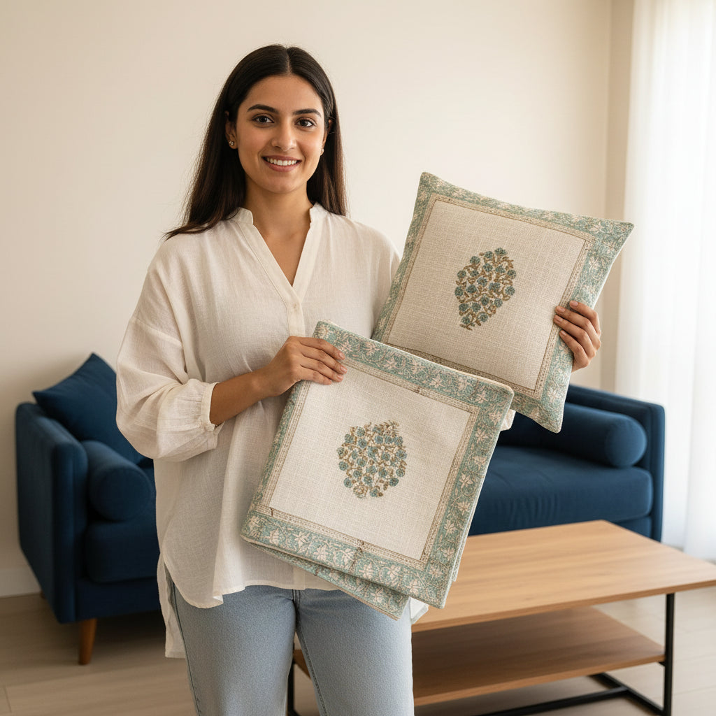 GulBahar Hand Block Print Cushion Covers - Cotton Jute (Set of 5)