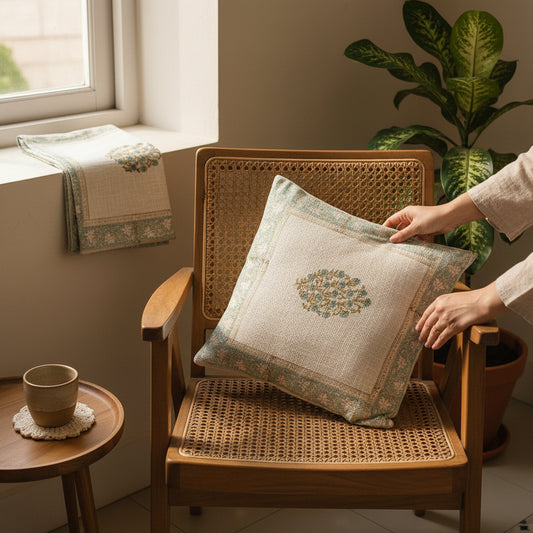 GulBahar Hand Block Print Cushion Covers - Cotton Jute (Set of 5)