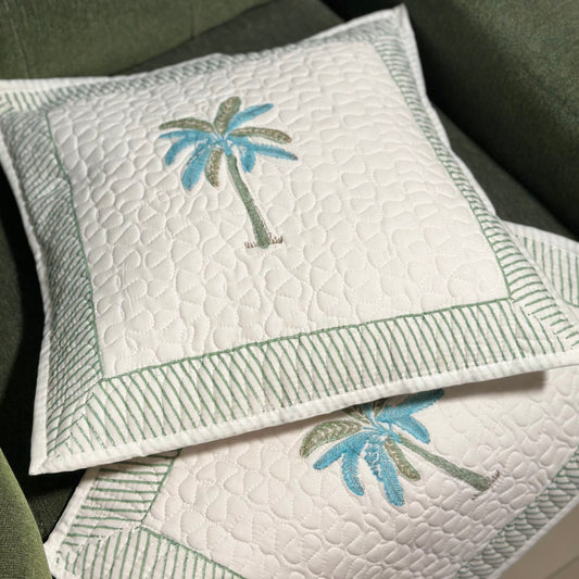 Summer Palm Hand Block Print Cushion Covers - Quilted (Set of 2)