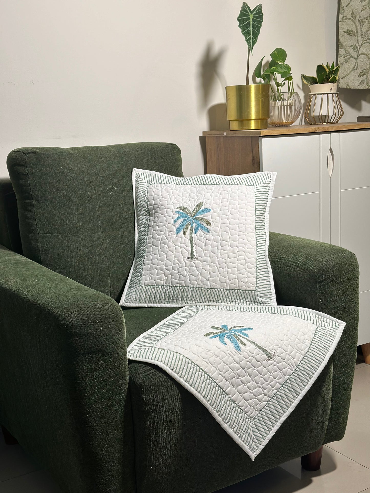 Summer Palm Hand Block Print Cushion Covers - Quilted (Set of 2)