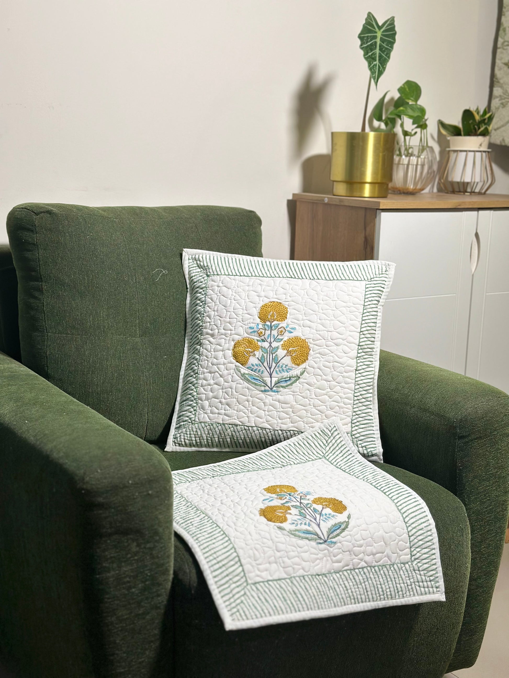 Yellow Marigold Hand Block Print Cushion Covers - Quilted (Set of 2)