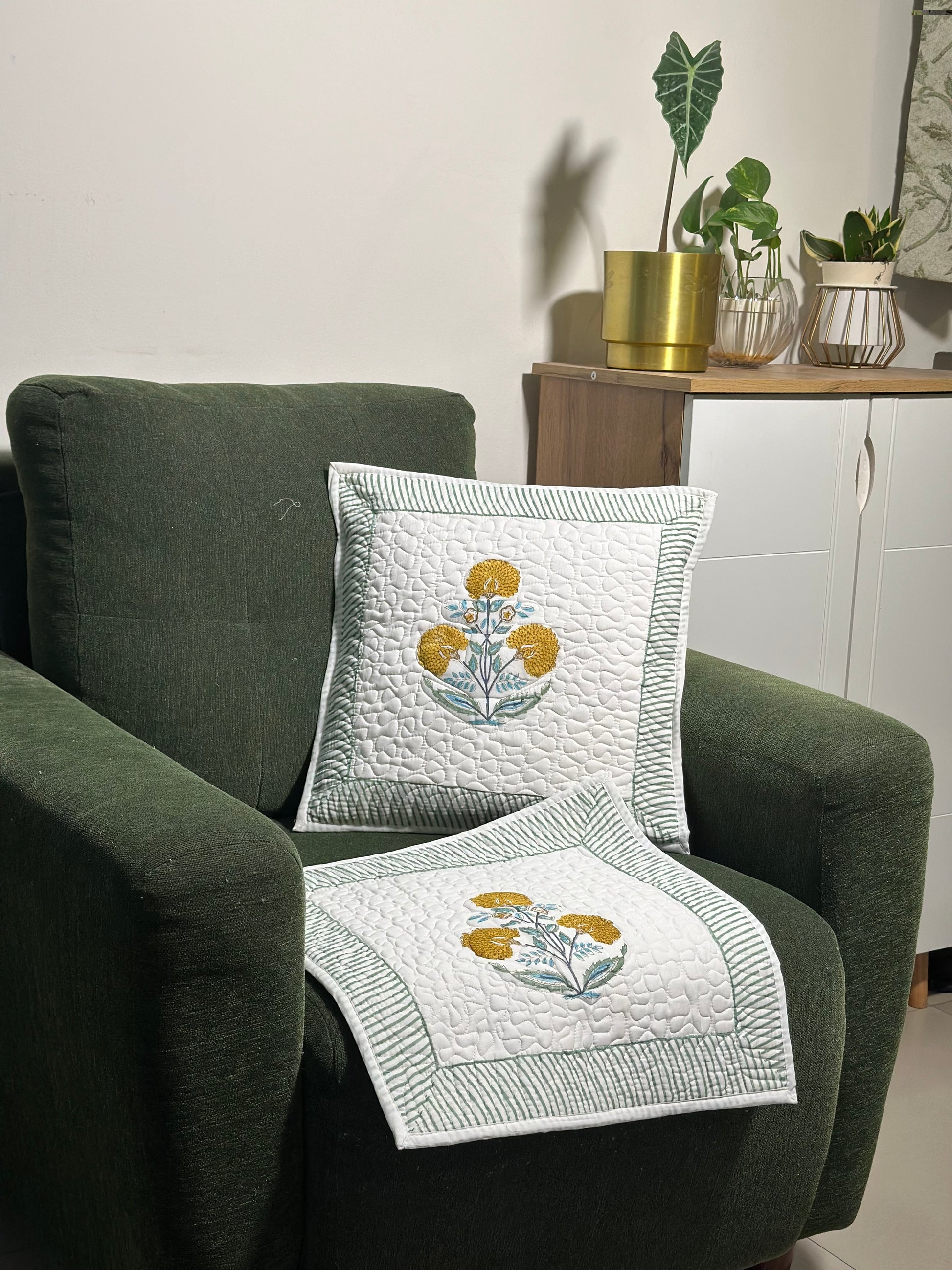 Yellow Marigold Hand Block Print Cushion Covers - Quilted (Set of 2)