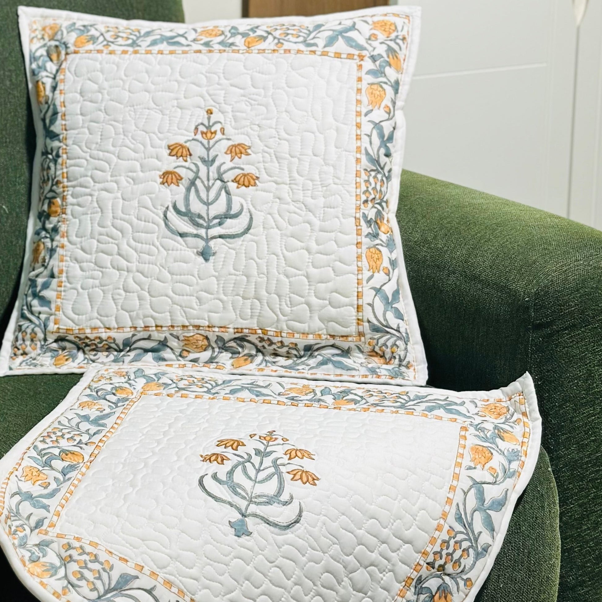 Yellow Guldasta Hand Block Print Cushion Covers - Quilted (Set of 2)