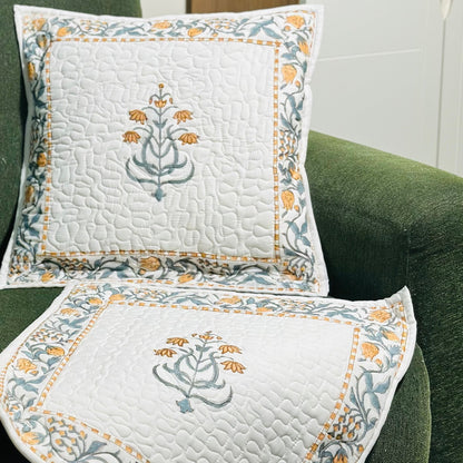 Yellow Guldasta Hand Block Print Cushion Covers - Quilted (Set of 2)