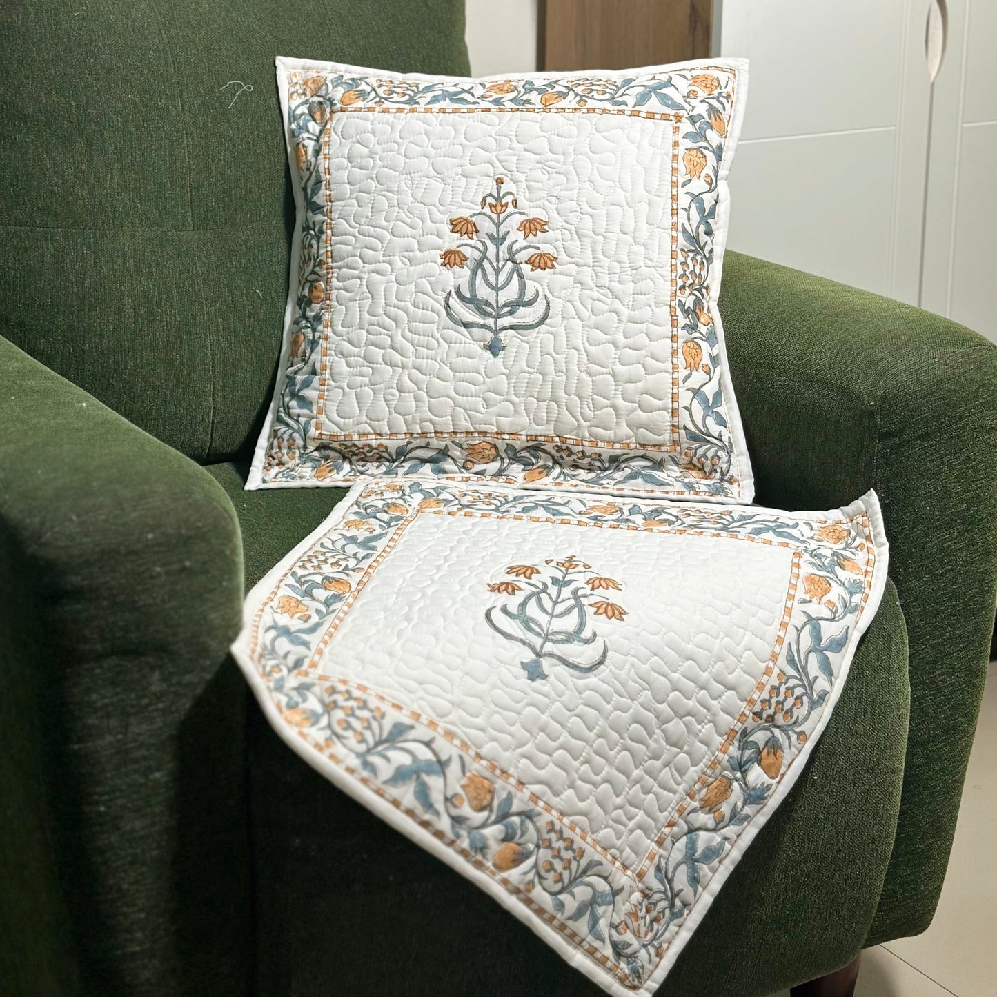 Yellow Guldasta Hand Block Print Cushion Covers - Quilted (Set of 2)