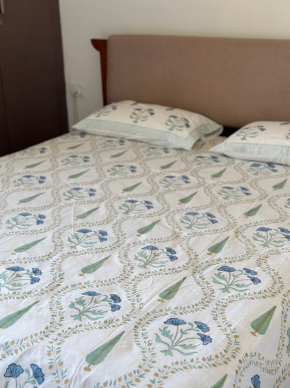 Pine & Guldasta 100% Cotton Block Printed Bed Sheet - King Size with 2 Pillow Cover