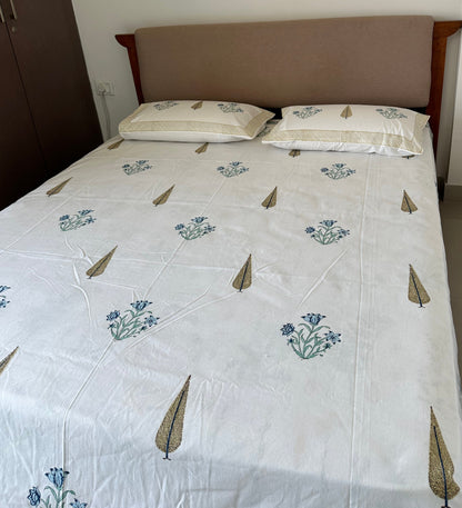 Pine & Guldasta Jal 100% Cotton Block Printed Bed Sheet - King Size with 2 Pillow Cover