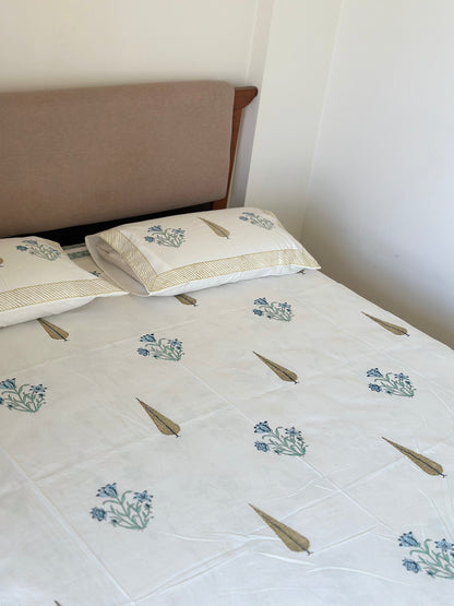 Pine & Guldasta Jal 100% Cotton Block Printed Bed Sheet - King Size with 2 Pillow Cover