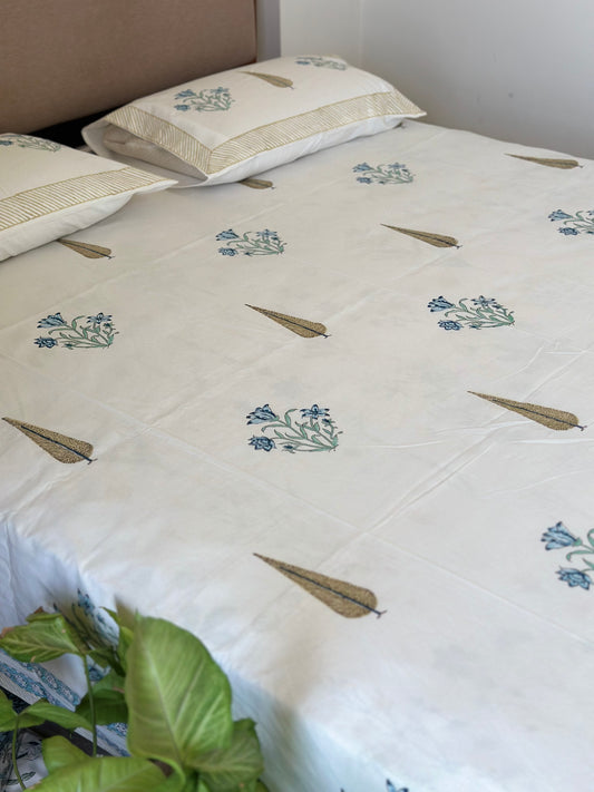 Pine & Guldasta Jal 100% Cotton Block Printed Bed Sheet - King Size with 2 Pillow Cover