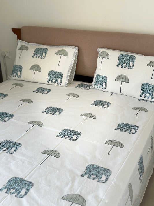 Hathi & Chatri 100% Cotton Block Printed White Bed Sheet - King Size with 2 Pillow Cover