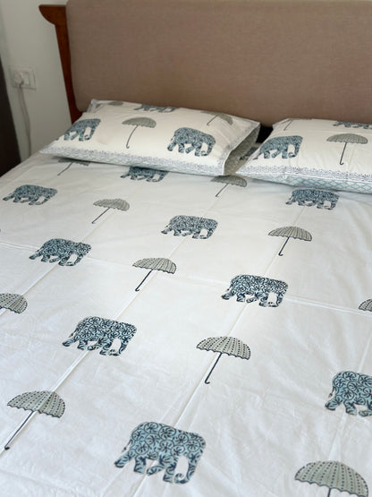 Hathi & Chatri: 100% Cotton Block Printed White Bed Sheet - King Size with 2 Pillow Cover