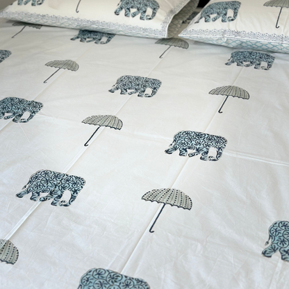 Hathi & Chatri: 100% Cotton Block Printed White Bed Sheet - King Size with 2 Pillow Cover