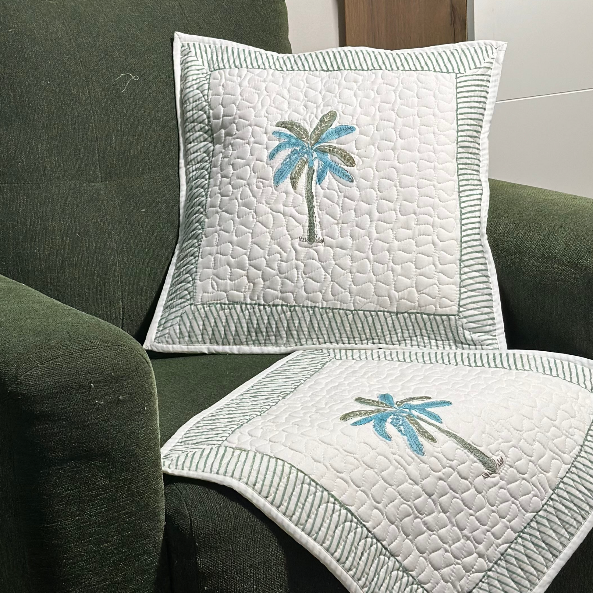 Summer Palm Hand Block Print Cushion Covers - Quilted (Set of 2)