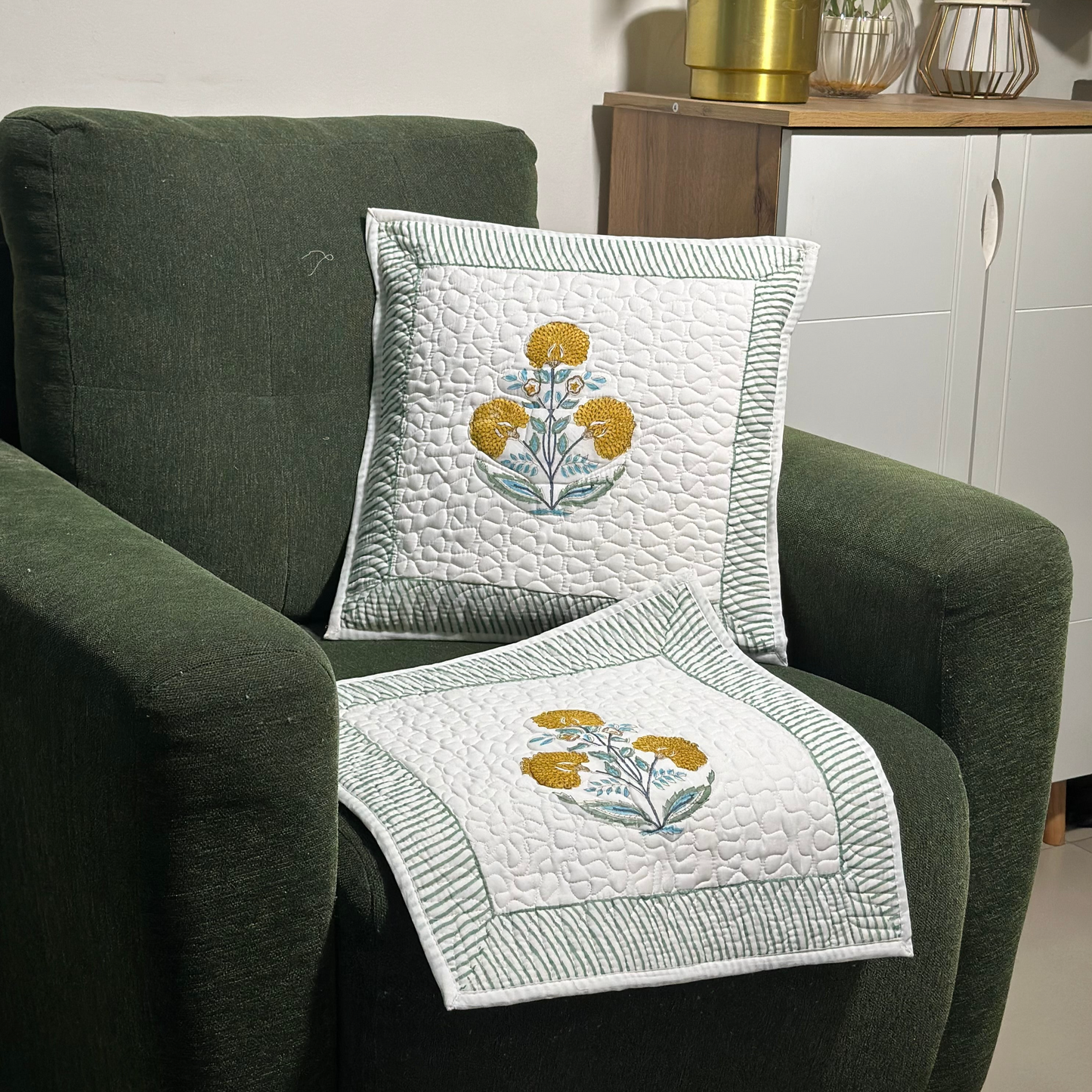 Yellow Marigold Hand Block Print Cushion Covers - Quilted (Set of 2)