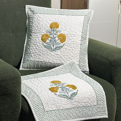 Yellow Marigold Hand Block Print Cushion Covers - Quilted (Set of 2)