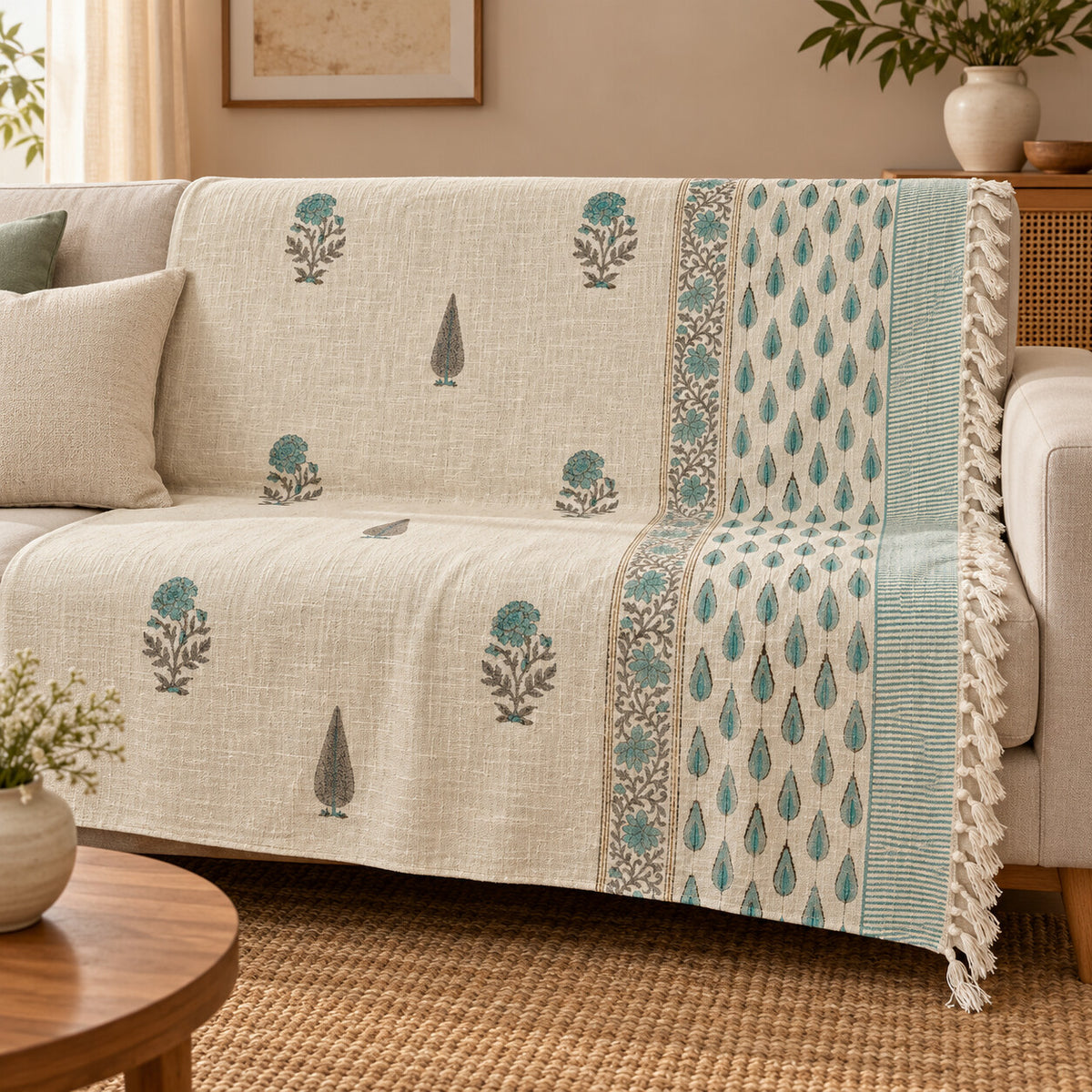 Teal Marigold Cypress Baithak Sofa Throw - ST_BT_CJ_001 - sofa lifestyle