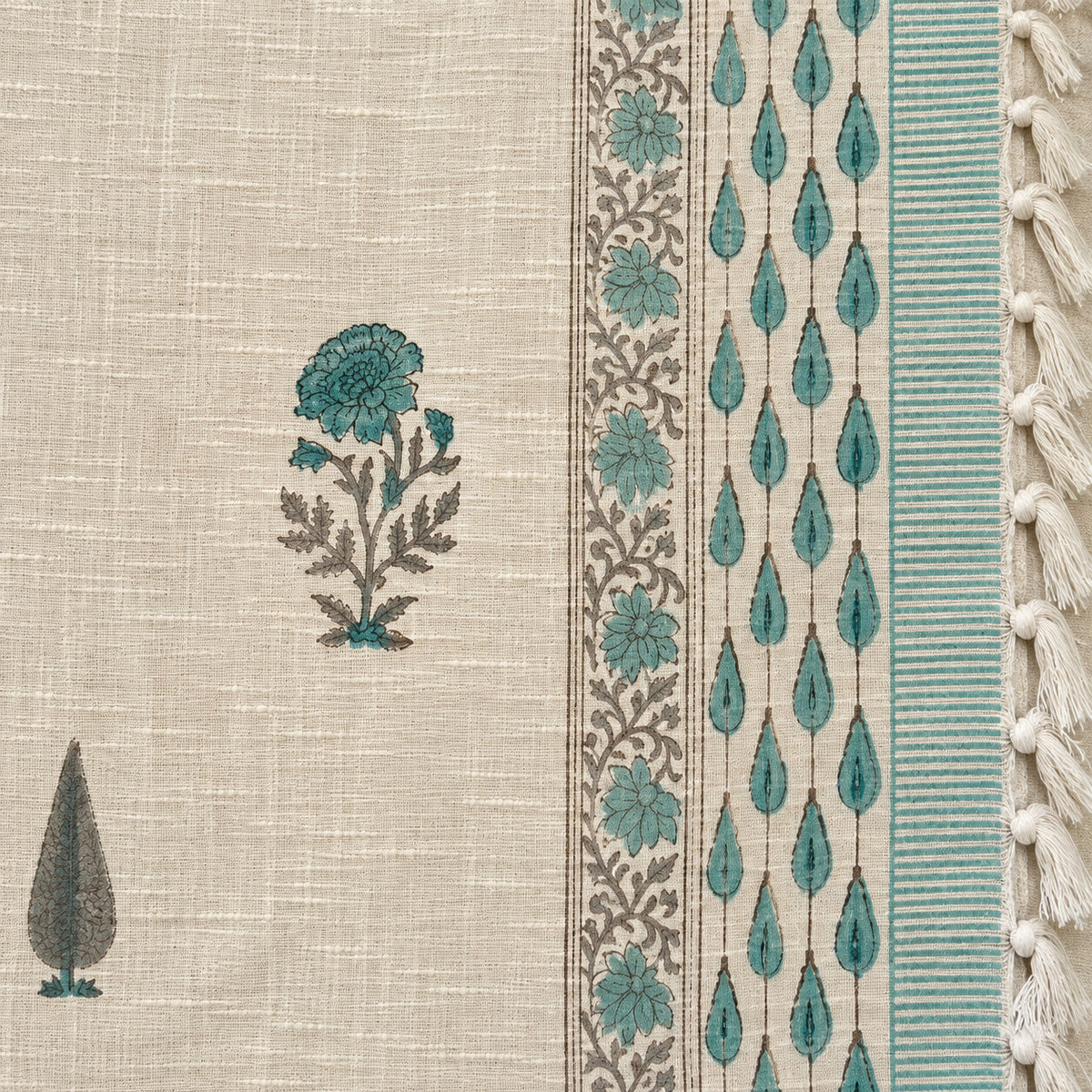 Teal Marigold Cypress Baithak Sofa Throw - ST_BT_CJ_001 - fabric and print close-up