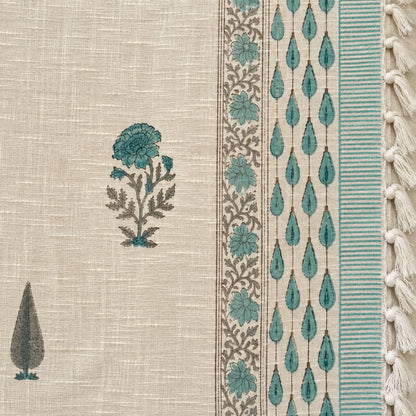 Teal Marigold Cypress Baithak Sofa Throw - ST_BT_CJ_001 - fabric and print close-up