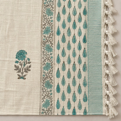 Teal Marigold Cypress Baithak Sofa Throw - ST_BT_CJ_001 - border and tassel detail