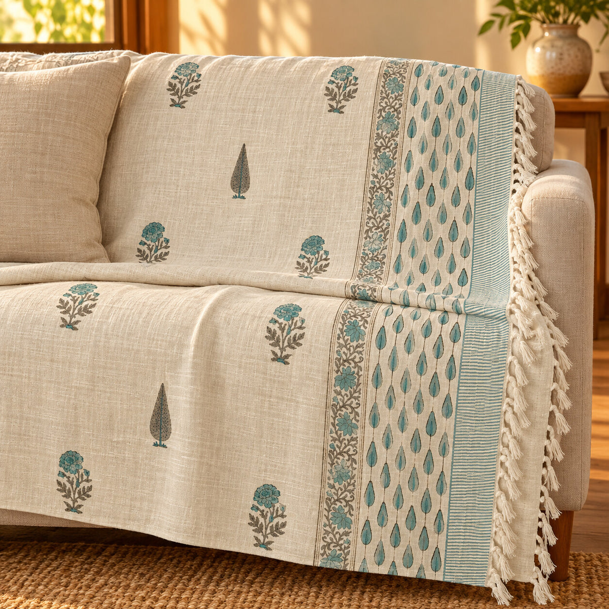 Teal Marigold Cypress Baithak Sofa Throw - ST_BT_CJ_001 - folded lifestyle