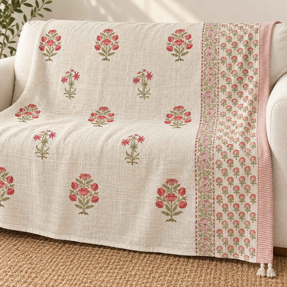 Coral Rose Sprig Baithak Sofa Throw - ST_BT_CJ_005 - hero