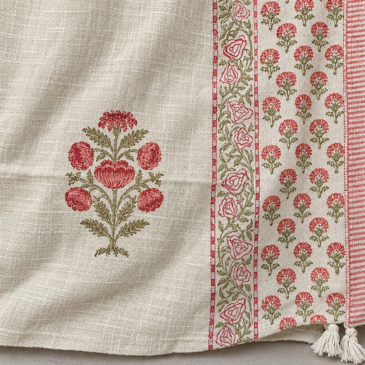 Coral Rose Sprig Baithak Sofa Throw - ST_BT_CJ_005 - fabric and print close-up