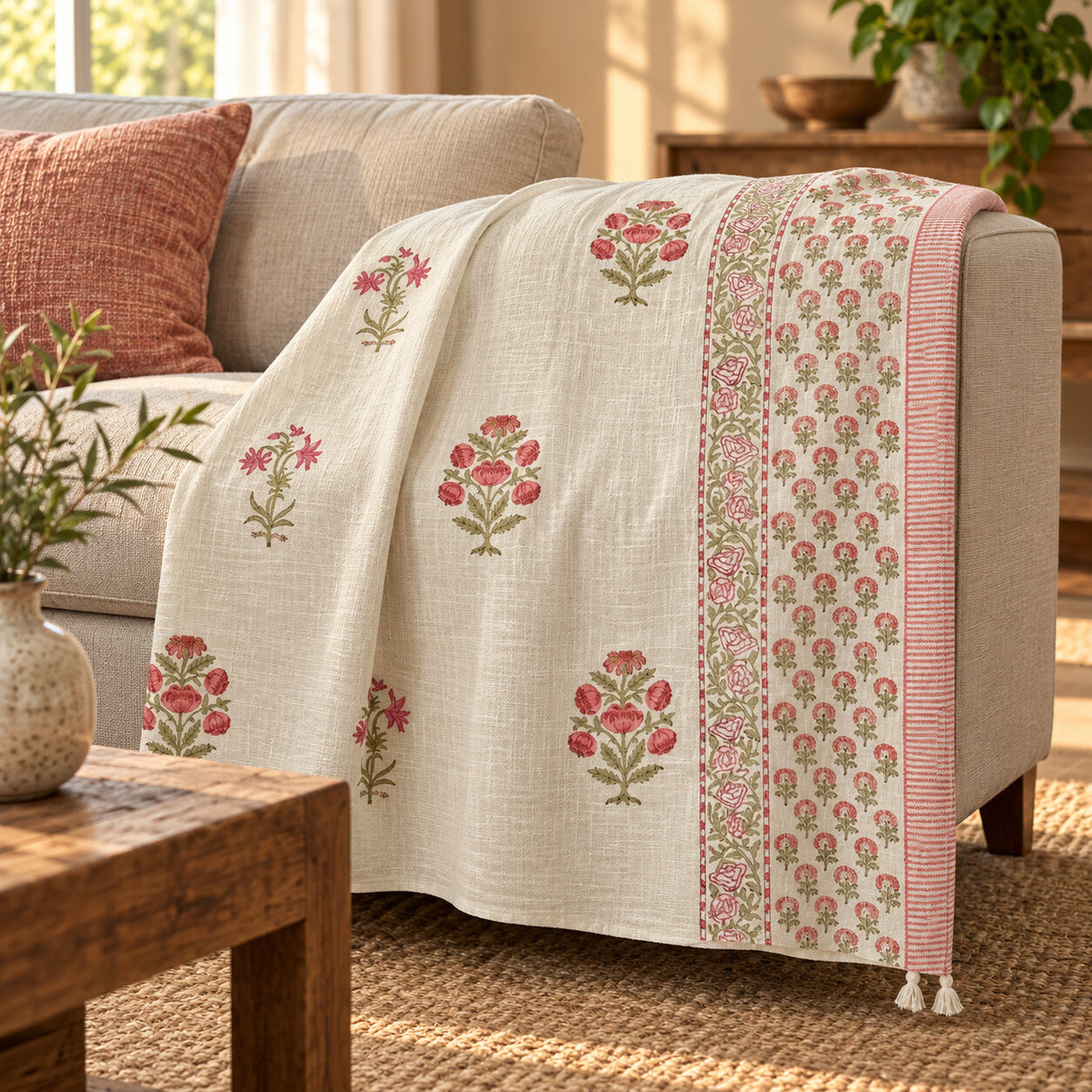 Coral Rose Sprig Baithak Sofa Throw - ST_BT_CJ_005 - folded lifestyle