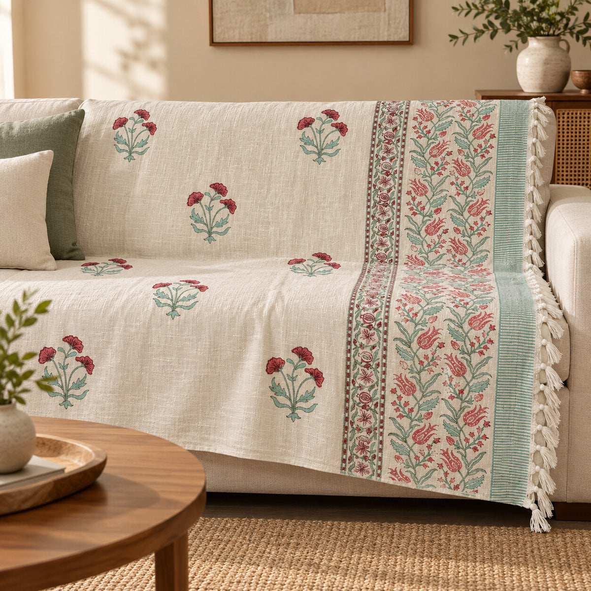 Rose Mint Carnation Baithak Sofa Throw - ST_BT_CJ_006 - sofa lifestyle