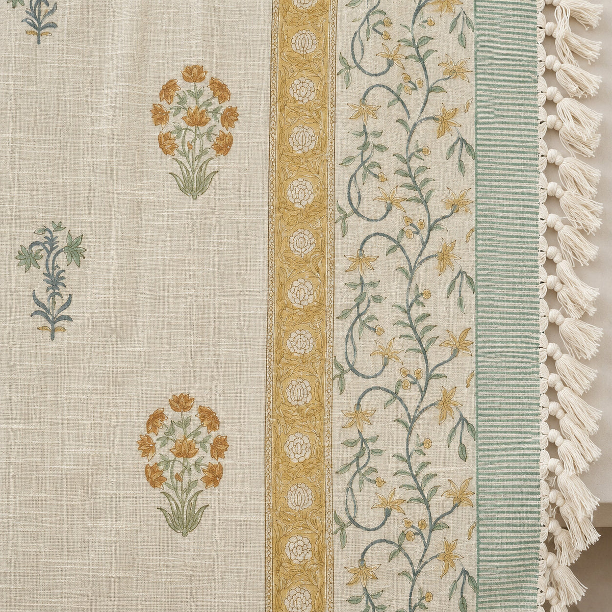 Mustard Vine Baithak Sofa Throw - ST_BT_CJ_007 - border and tassel detail
