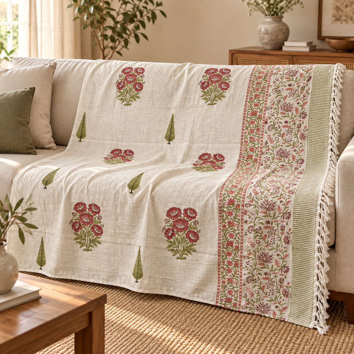 Crimson Peony Cypress Baithak Sofa Throw - ST_BT_CJ_009 - sofa lifestyle
