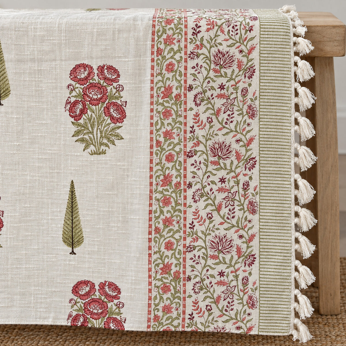 Crimson Peony Cypress Baithak Sofa Throw - ST_BT_CJ_009 - border and tassel detail