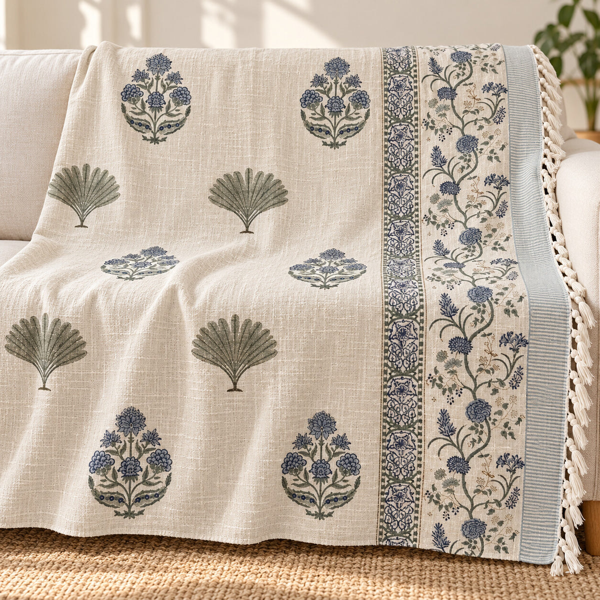 Indigo Palm Fan Baithak Sofa Throw - ST_BT_CJ_010 - hero