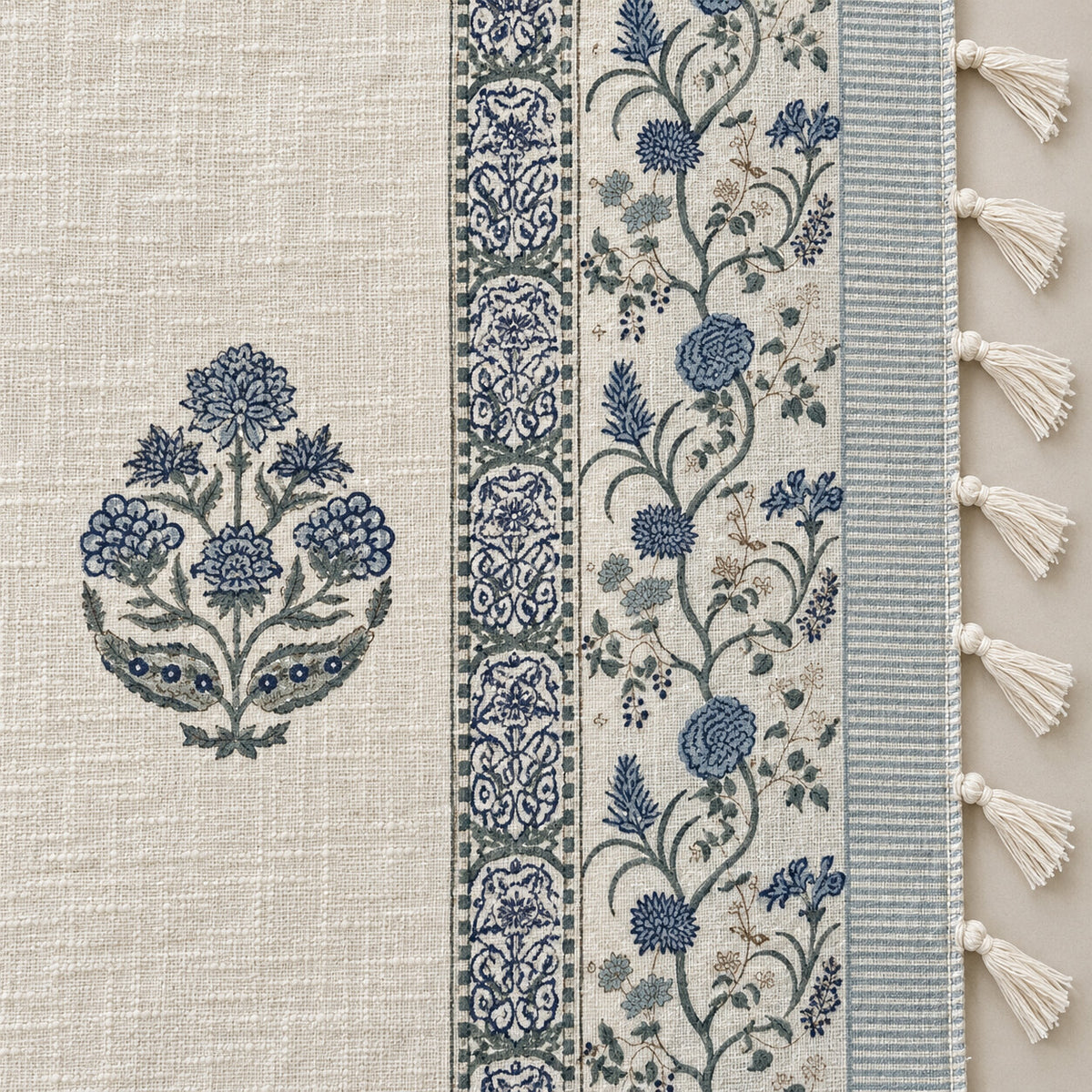Indigo Palm Fan Baithak Sofa Throw - ST_BT_CJ_010 - border and tassel detail