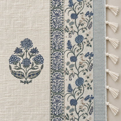 Indigo Palm Fan Baithak Sofa Throw - ST_BT_CJ_010 - border and tassel detail