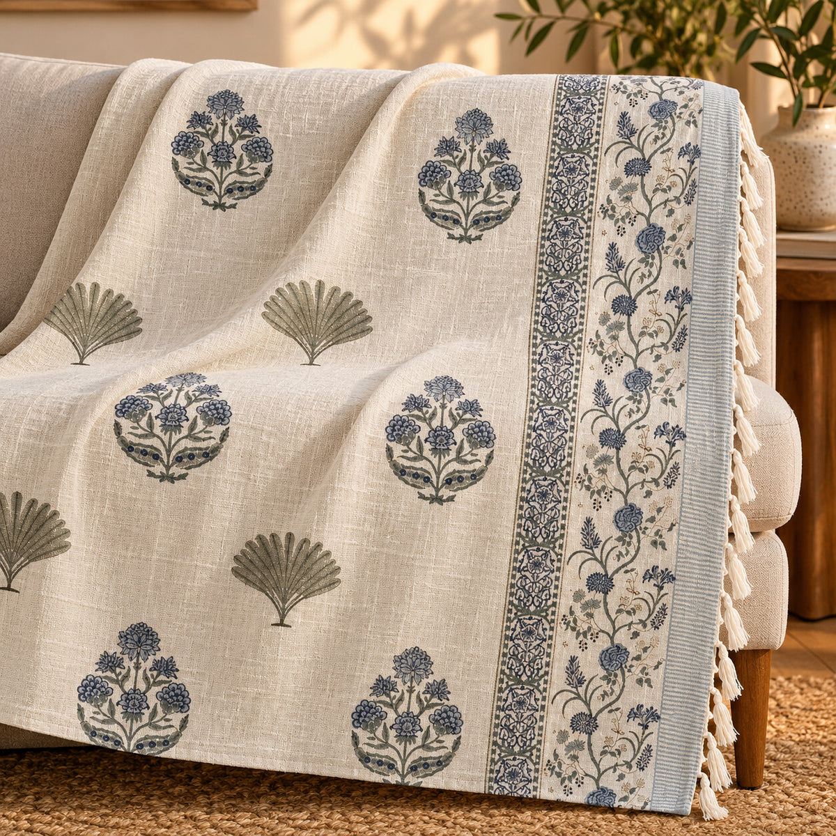 Indigo Palm Fan Baithak Sofa Throw - ST_BT_CJ_010 - folded lifestyle