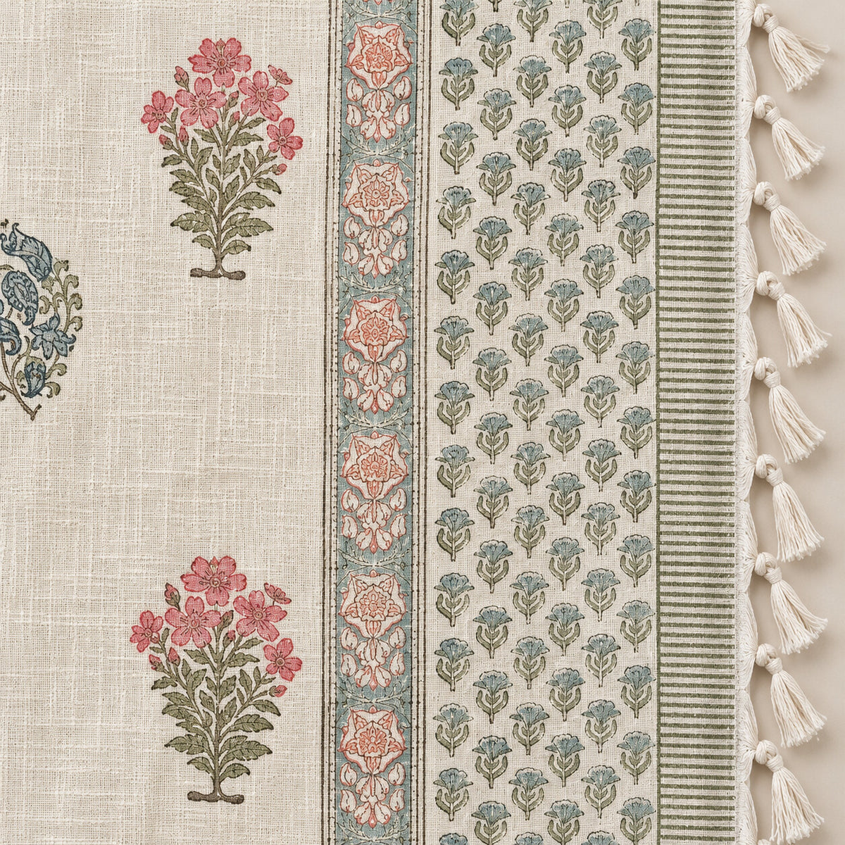 Rose Blue Mughal Buti Baithak Sofa Throw - ST_BT_CJ_011 - border and tassel detail