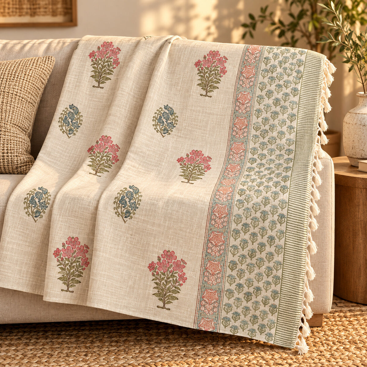 Rose Blue Mughal Buti Baithak Sofa Throw - ST_BT_CJ_011 - folded lifestyle