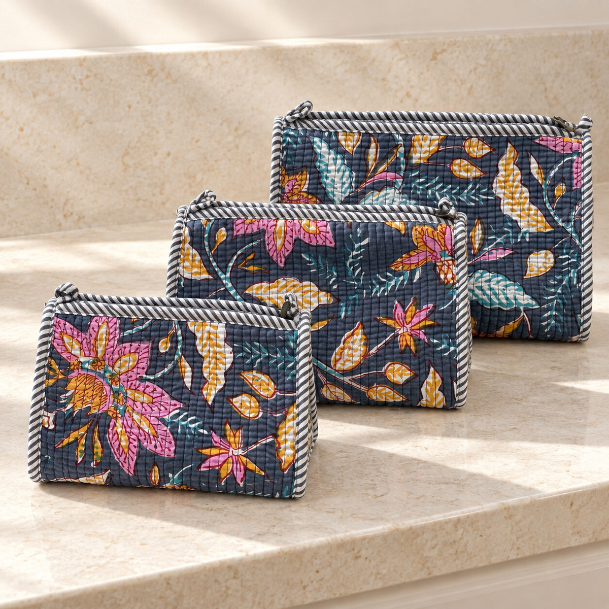 Indigo Floral Quilted Toiletry Pouches (Set of 3) - TB_ST_001 - hero