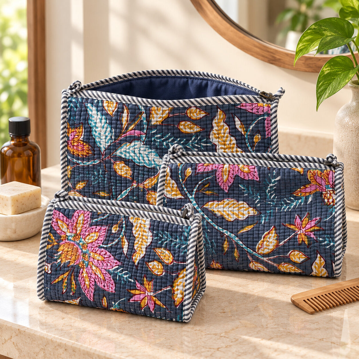 Indigo Floral Quilted Toiletry Pouches (Set of 3) - TB_ST_001 - angle