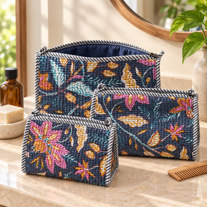 Indigo Floral Quilted Toiletry Pouches (Set of 3) - TB_ST_001 - angle