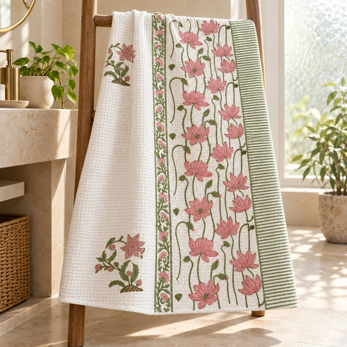 Pink Lotus Sahaj Waffle Bath Towel - TW_SH_SG_001 - hero