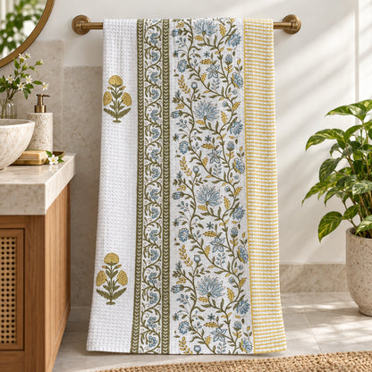 Blue and Yellow Floral Sahaj Waffle Bath Towel - TW_SH_SG_002 - hero