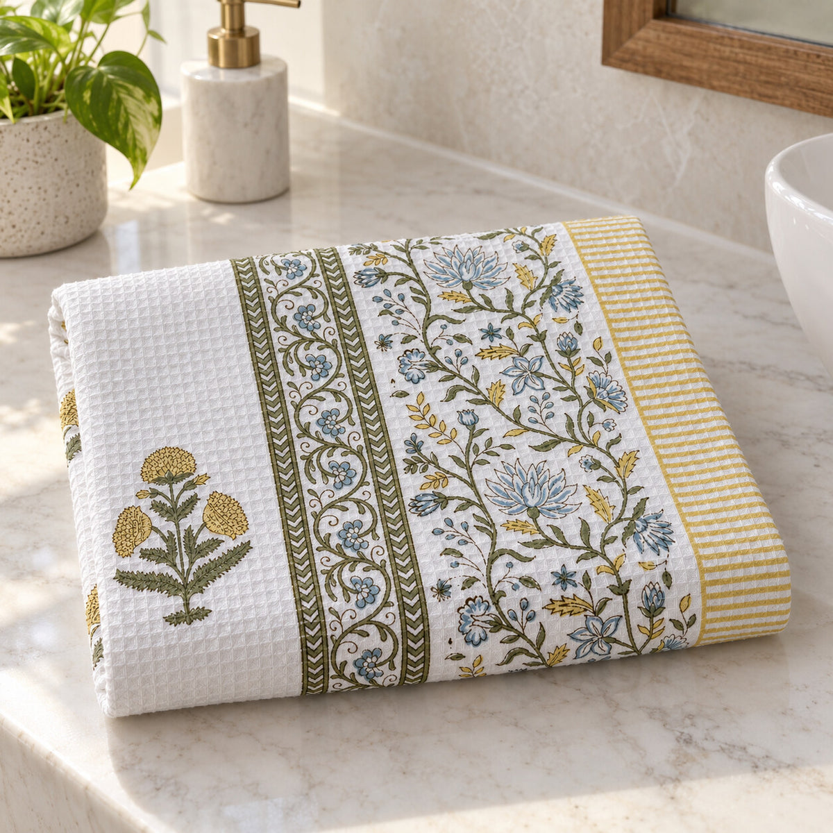 Blue and Yellow Floral Sahaj Waffle Bath Towel - TW_SH_SG_002 - angle