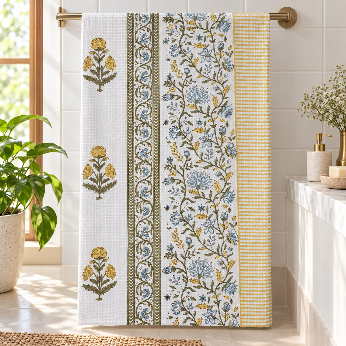 Blue and Yellow Floral Sahaj Waffle Bath Towel - TW_SH_SG_002 - lifestyle