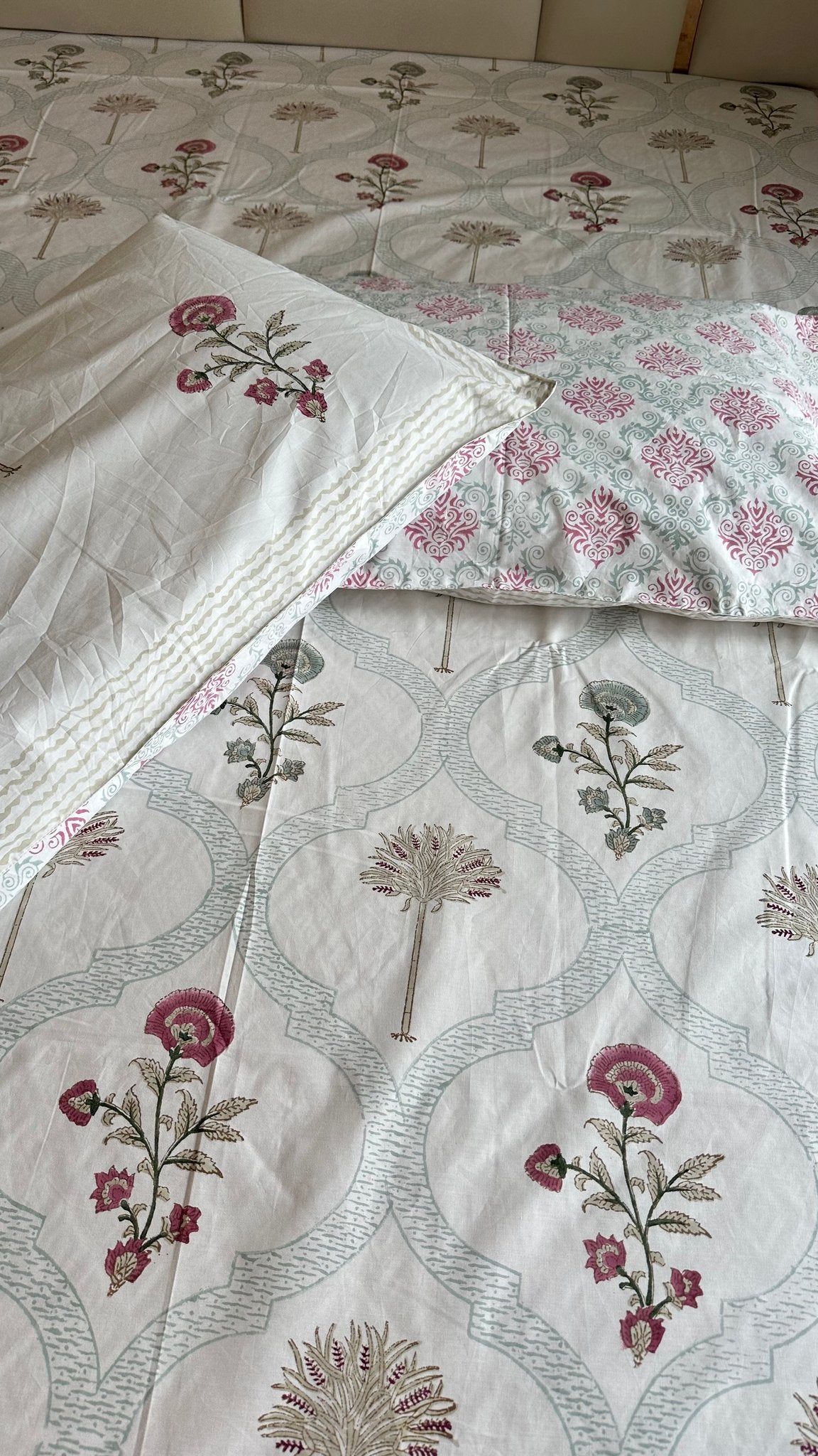 Crimson & Sage Sanganeri hand block printed king bedsheet — Artisan's Thread